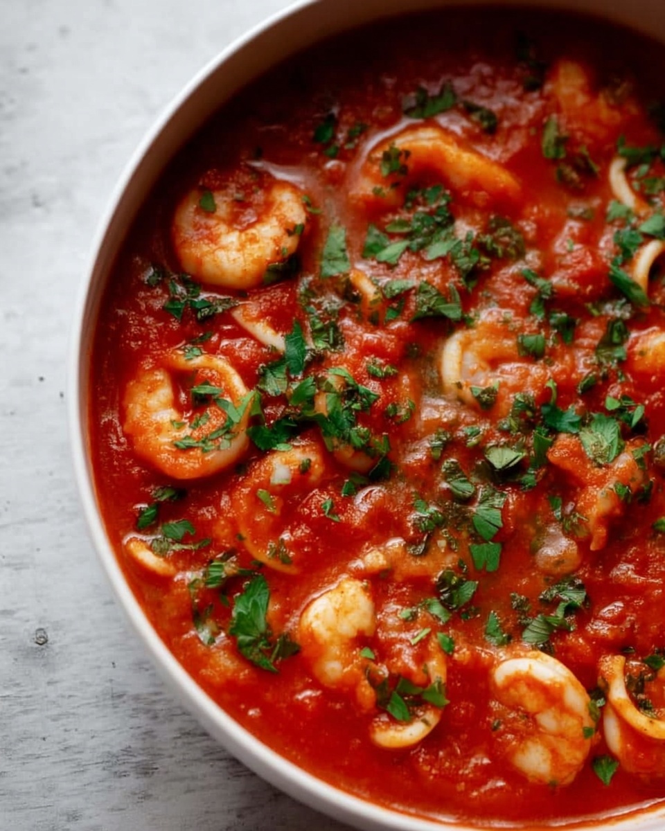 A close-up view of a bowl filled with bright red tomato sauce mixed with small shrimp and sliced white ingredients, possibly calamari or onions, scattered evenly throughout. The surface of the sauce is garnished with fresh chopped green herbs, adding a fresh contrast to the rich red sauce. The white bowl rests on a white marbled textured surface, giving a clean and simple look. photo taken with an iphone --ar 4:5 --v 7