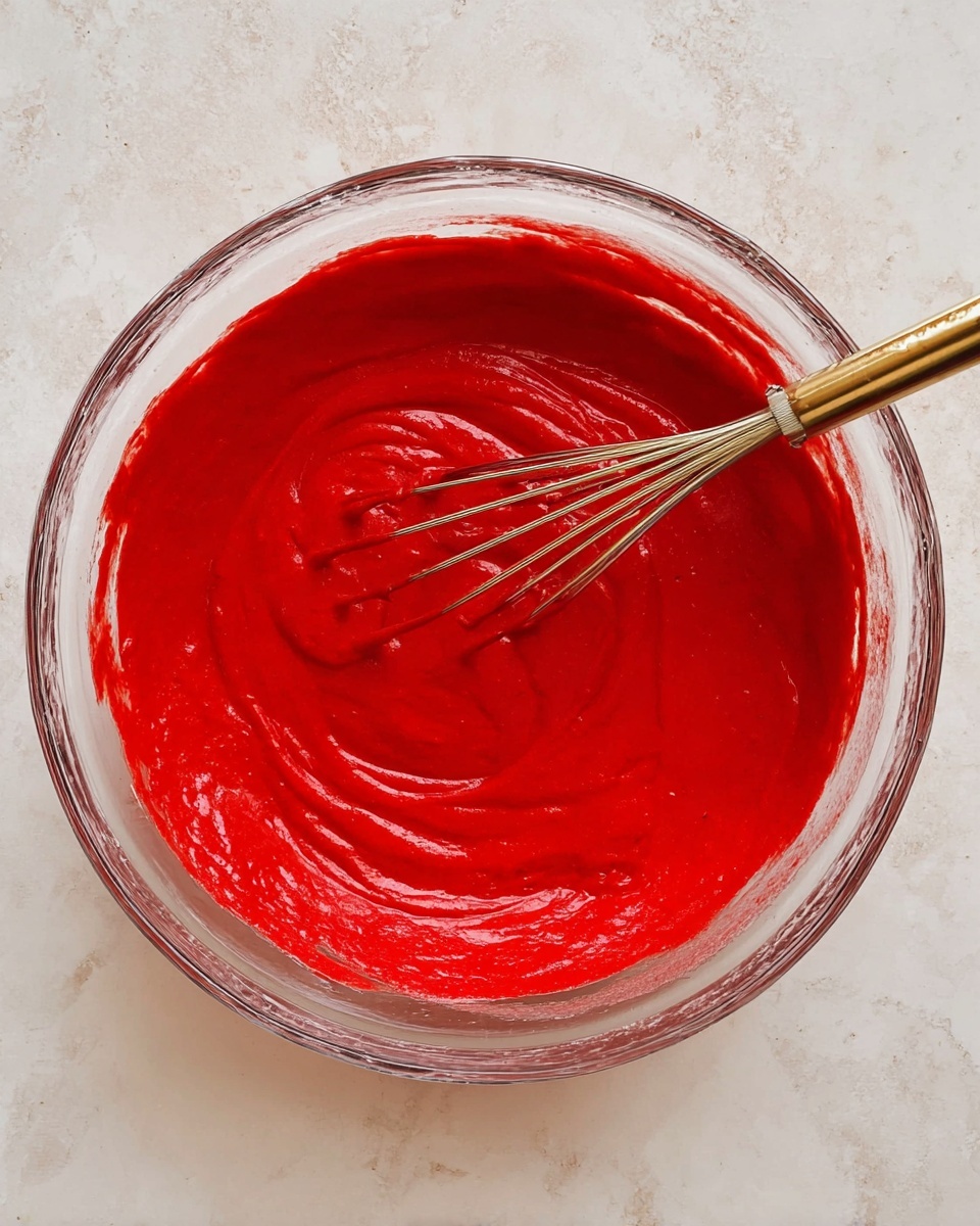A clear glass bowl filled with bright red smooth batter is shown from top view. The batter has a thick, creamy texture with a shiny surface. A metal whisk with a golden handle is resting inside the bowl, partially covered in the red batter. The bowl sits on a white marbled surface, creating a clean and simple background. Photo taken with an iphone --ar 4:5 --v 7