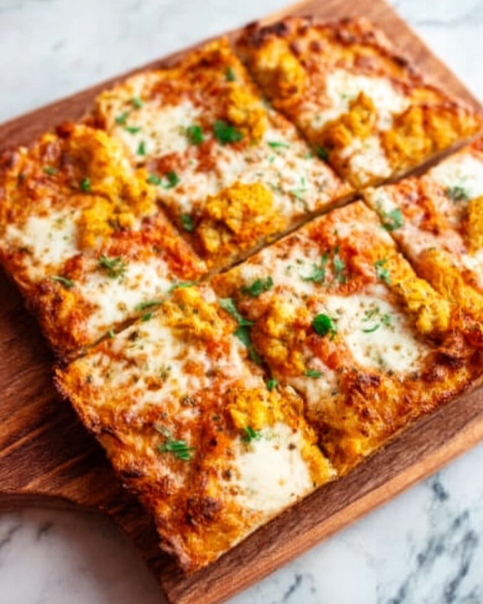 The image shows a close-up view of many thick pizza slices on a white marbled background. Each slice has a golden-brown crust layer that looks soft and slightly crispy, topped with a layer of melted white cheese that bubbles lightly with some browned spots. On top of the cheese, there is a layer of orange-yellow chunks of cooked chicken mixed with bits of green herbs, giving the pizza a textured and colorful look. The chicken pieces look tender and are mixed evenly across each slice with small spots of fresh green parsley scattered on top. The whole scene looks warm and inviting, showing the pizza slices closely stacked together. photo taken with an iphone --ar 4:5 --v 7