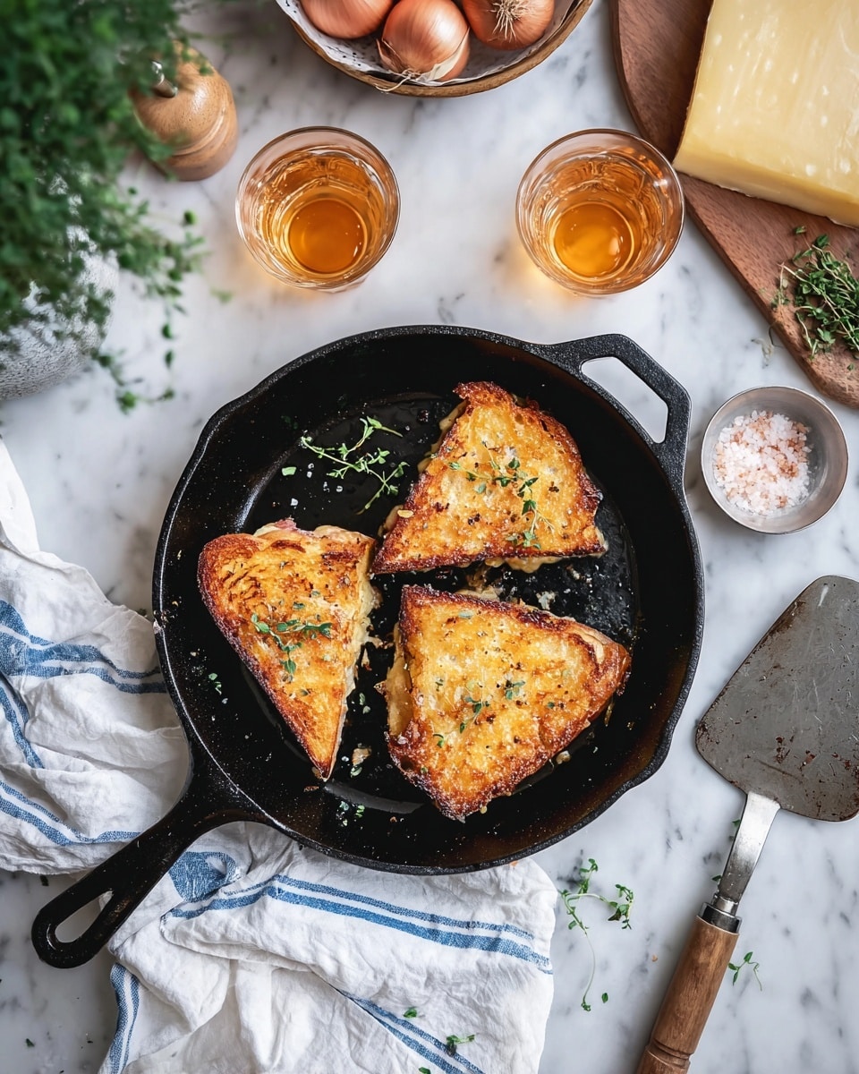 The image shows a black cast iron skillet with three triangular pieces of toasted sandwich inside, each piece golden brown with a crispy texture and sprinkled with small green herb leaves on top. The skillet rests on a white marbled surface, surrounded by a crumpled white cloth with blue stripes on the left, a stainless steel spatula with a worn wooden handle on the right, and a small dish of coarse salt nearby. In the background, there are two glasses filled with a light amber drink, a bowl with onions and shallots, a round wooden board with a block of yellow cheese, a pepper grinder, and a small green plant in a white pot. Photo taken with an iphone --ar 4:5 --v 7