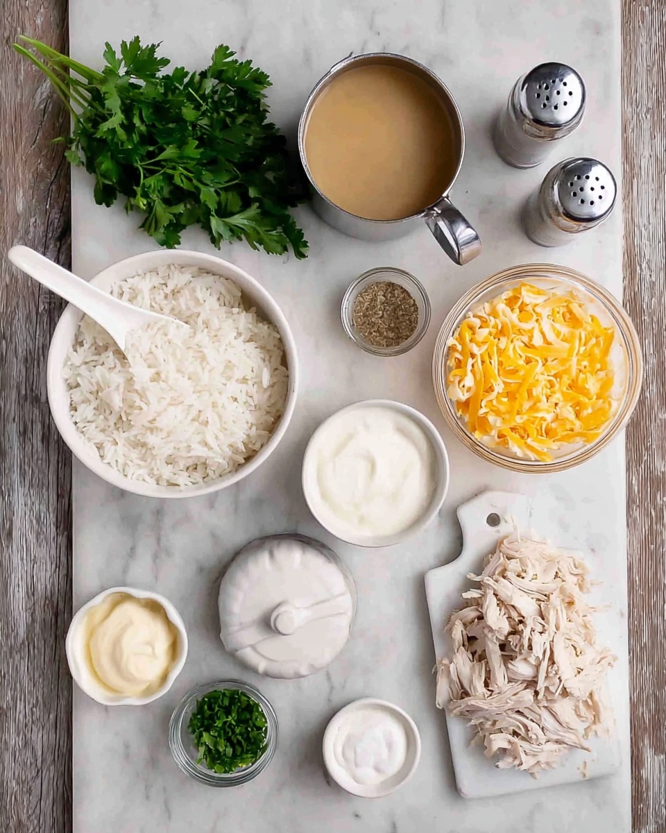 The image shows several small white bowls and containers arranged neatly on a white marbled surface. Starting from the left, there is a white bowl filled with cooked white rice with a white spoon resting inside it. Below it is a bunch of fresh green parsley. To the right is a white bowl filled with golden crispy fried onions. Above that, there's a clear glass bowl with shredded yellow cheese. Next to it is a small metal pot filled with a light brown broth or stock. Below that, there is a glass bowl of thick white cream, and near it, a small bowl of finely chopped green herbs. Above the cream is a white ceramic container with smooth sour cream or mayonnaise, and close to it, a small bowl with salt and pepper with the salt white and pepper gray. On the far right, a white cutting board with shredded white cooked chicken pieces has a white ceramic lidded container on top. Two shakers, one with pepper and one with salt, sit near the top center. Everything is organized on the white marbled surface for a clear, clean display. photo taken with an iphone --ar 4:5 --v 7