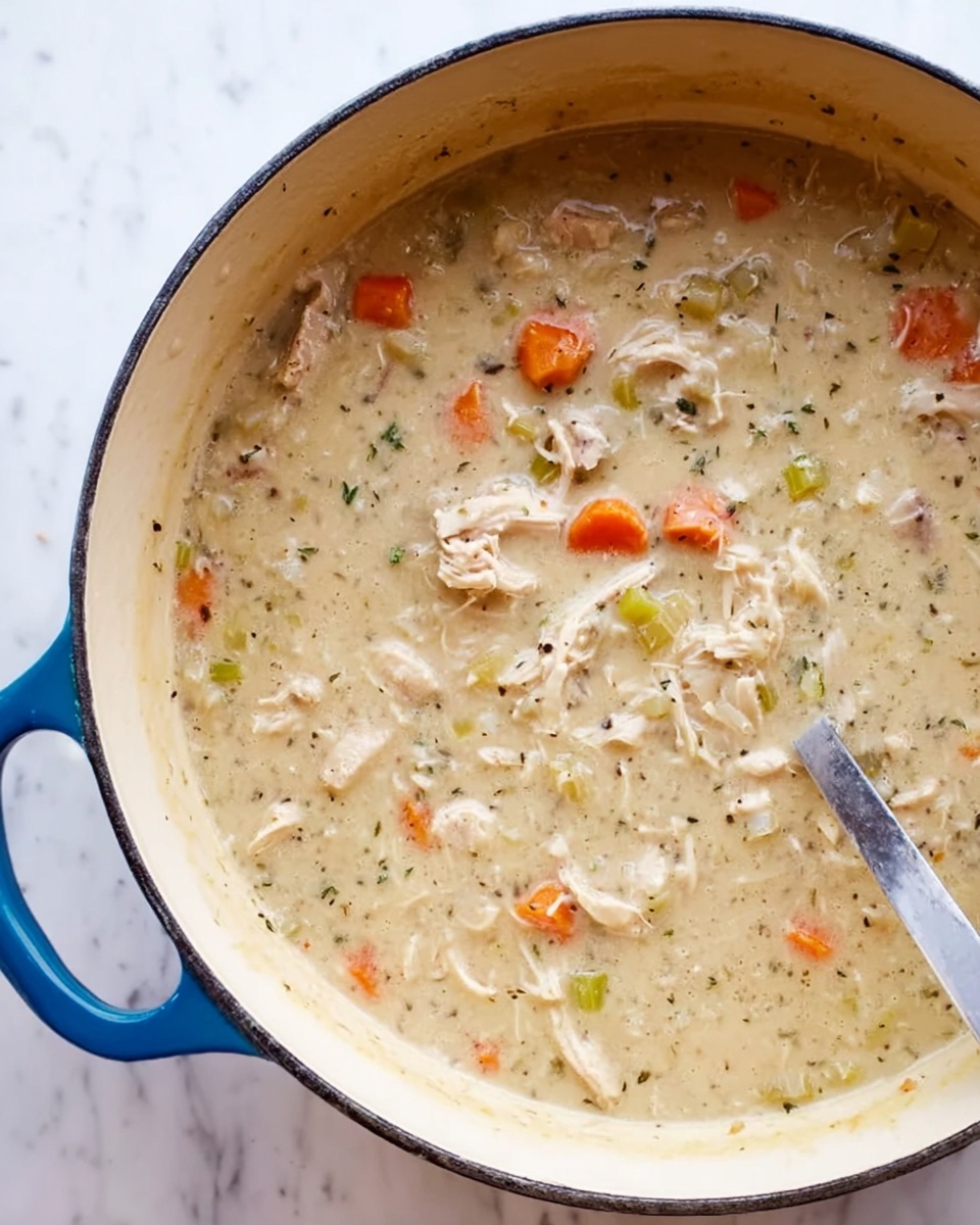 The image shows a close-up of a large white pot with blue handles filled with a thick creamy soup. The soup has a light beige color with visible pieces of shredded white meat, slices of orange carrots, and small diced green celery scattered throughout. The texture looks smooth and rich, with some small herbs or seasoning mixed in. A metal spoon with a flat handle rests inside the pot. The pot is placed on a white marbled surface. photo taken with an iphone --ar 4:5 --v 7