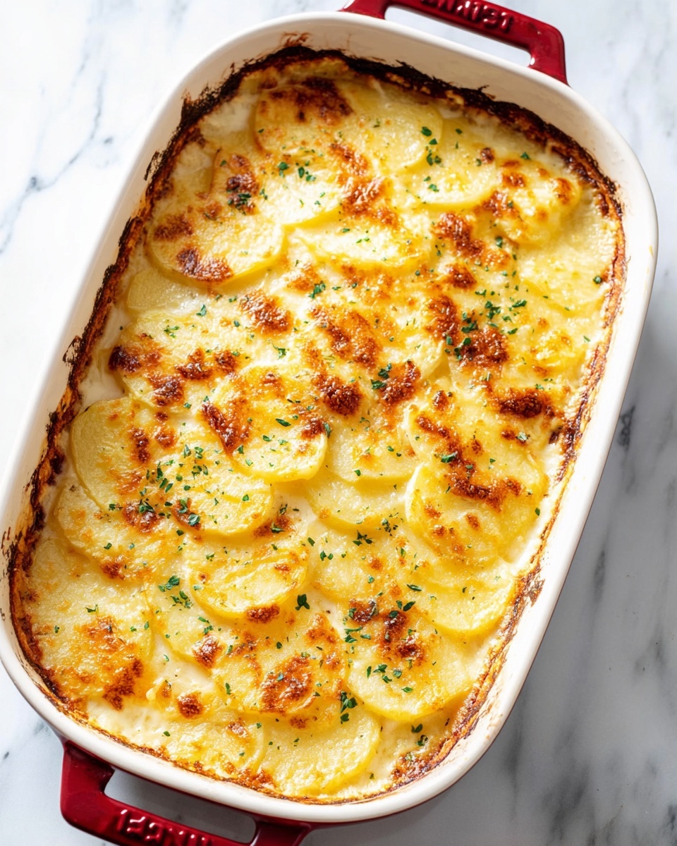 The dish is a baked potato gratin in a white baking dish with a red handle, placed on a white marbled surface. It has thinly sliced yellow potatoes arranged in overlapping rows covering the entire top layer. The potatoes are creamy with a golden brown and slightly crispy cheese layer on top, especially around the edges with darker browned spots. Small green herbs are sprinkled lightly over the baked surface, adding a touch of color contrast. The texture looks smooth and cheesy with a baked creamy sauce visible between the potato slices. photo taken with an iphone --ar 4:5 --v 7