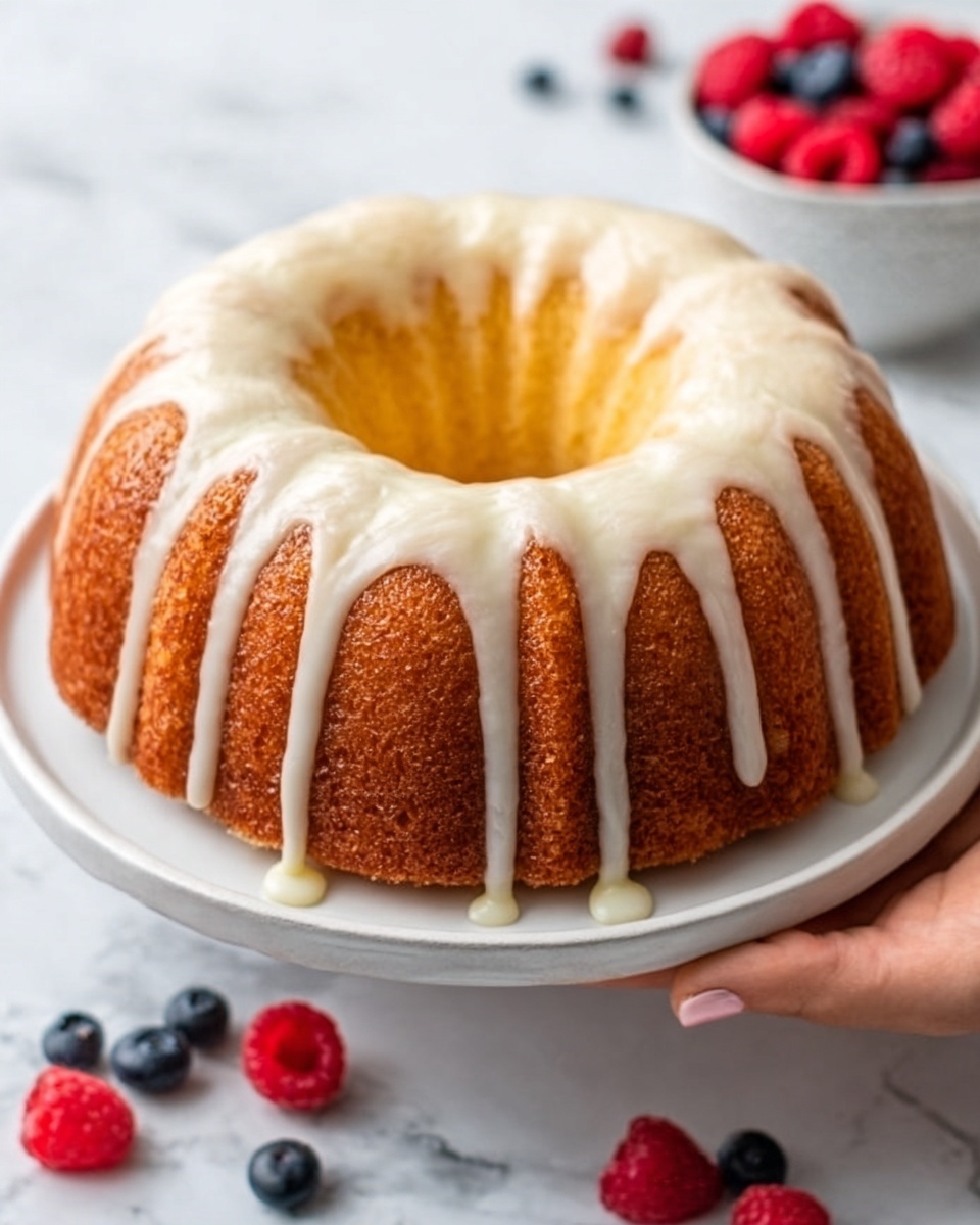 The image shows a round bundt cake with light icing dripping evenly down the sides, sitting in the middle of a white plate. The cake is golden brown with a soft texture, and the icing looks smooth and creamy, pooling slightly at the base. The plate is on a white marbled surface, with some fresh mixed berries, including raspberries and blueberries, scattered around the plate. A woman's hand is gently holding the plate from the left side. The scene is bright, clean, and inviting, with natural light enhancing the colors and details of the cake and berries. photo taken with an iphone --ar 4:5 --v 7