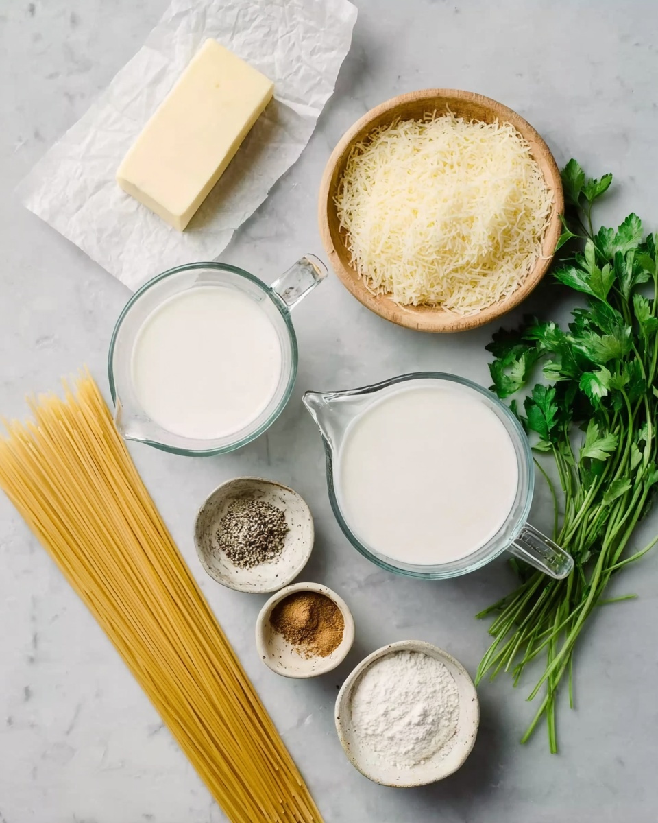 The image shows a cooking setup with two clear glass measuring cups filled with white liquid placed on a white marbled surface, one larger and one smaller, positioned near the center; to the right of them is a bunch of fresh green parsley and a wooden bowl filled with grated cheese with a light yellow tone. Surrounding the cups are small ceramic bowls holding different ingredients: minced garlic in a beige bowl at the top, a mix of black and white seasoning in another bowl slightly below and to the right of the garlic, a brown powder seasoning in a small bowl below the first two, and a small bowl with white flour on the left side closer to the bottom. A rectangular block of butter partially unwrapped in white parchment paper lies on the bottom left corner, and plain uncooked spaghetti strands are placed diagonally on the bottom right. The entire scene is set on a clean white marbled surface. Photo taken with an iphone --ar 4:5 --v 7