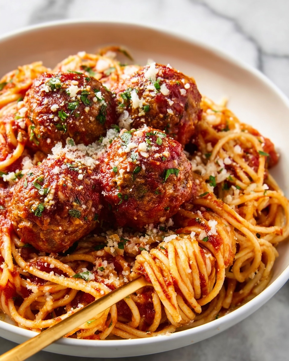 This dish shows a white plate filled with spaghetti pasta tossed in a red tomato sauce, with four large meatballs on top. The pasta strands are lightly coated in sauce and tangled together in the plate’s lower half. Each meatball is round, brown with visible bits of herbs and topped with red sauce, white grated cheese, and sprinkled green herbs. A gold fork is placed among the pasta, partially hidden beneath the noodles. The background is a white marbled surface. photo taken with an iphone --ar 4:5 --v 7