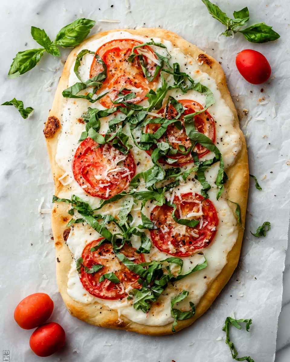 A flat, oval-shaped pizza with a light golden-brown crust forms the base. It has a first layer of melted creamy white cheese spread unevenly across the surface. Five bright red tomato slices are placed on top, spaced out evenly. Fresh green basil leaves and some arugula leaves are sprinkled generously over the tomatoes and cheese. There are small bits of shredded white cheese and a few black pepper specks scattered across. The pizza is placed on white marbled textured paper with three small whole red tomatoes and a few loose green leaves around it. photo taken with an iphone --ar 4:5 --v 7
