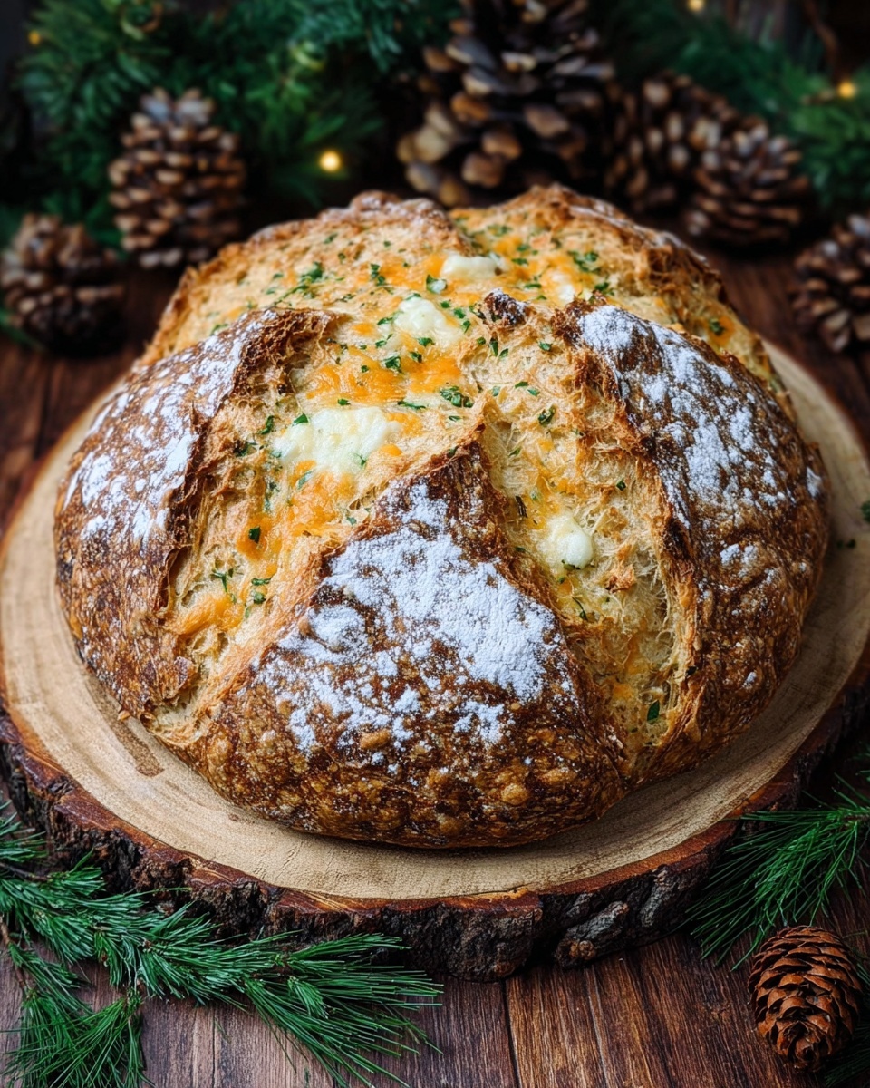 A round loaf of rustic bread with a thick, crusty golden-brown top that is sprinkled with white flour, showing small bits of cheese and herbs embedded through the surface. The bread is divided into six large sections by deep cuts, with a rough and uneven texture, displaying some orange melted cheese and green herb flecks within. It rests on a natural wood slice with bark edges, surrounded by pine cones and green pine needle branches, all set on a wooden surface with a dark, warm tone. Photo taken with an iphone --ar 4:5 --v 7
