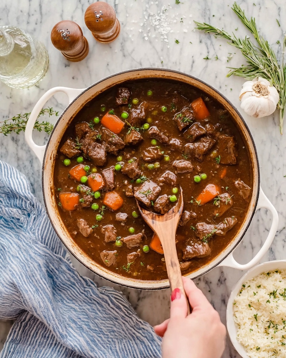 A white pot filled with dark brown stew that has chunks of tender meat, bright orange carrot pieces, and small green peas evenly spread throughout. A woman's hand holding a wooden spoon is stirring the stew, showing some meat and vegetables on the spoon. Around the pot, there is a white marbled surface with a bottle of clear liquid, salt and pepper shakers, a garlic bulb, rosemary sprigs and a bowl of white rice with a pat of butter sprinkled with herbs. A blue and white striped cloth is partially visible near the woman's hand photo taken with an iphone --ar 4:5 --v 7