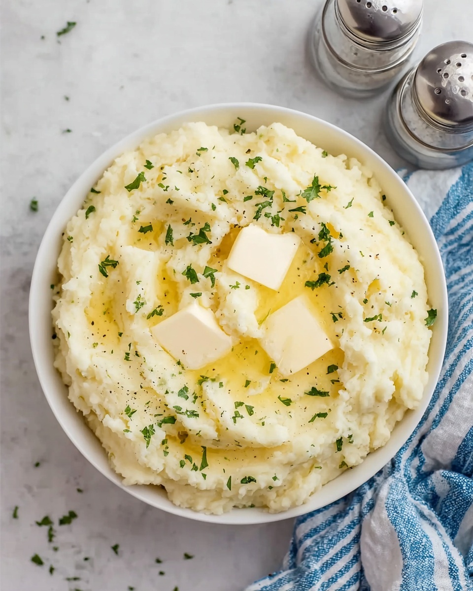 A white bowl filled with a thick layer of creamy mashed potatoes, light yellow in color with a slightly lumpy texture. On the top, three small rectangular pats of melting butter sit, surrounded by a sheen of melted butter pooling slightly into the potatoes. Sprinkled small green parsley flakes are scattered over the surface, adding a fresh contrast to the creamy yellow and off-white mash. The bowl is placed on a white marbled surface next to some silver salt and pepper shakers, with part of a blue and white striped cloth visible at the bottom right corner. Photo taken with an iphone --ar 4:5 --v 7