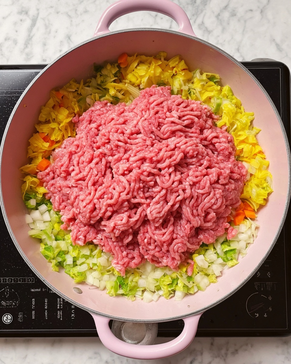 In a light pink pan with two handles, there is a layer of finely chopped yellow, green, and white vegetables arranged around the edges. On top, in the center, lies a large portion of raw ground meat with a bright pink color, showing a soft texture and string-like patterns. The pan sits on a black stovetop with controls visible near the bottom. The background is a white marbled surface. photo taken with an iphone --ar 4:5 --v 7