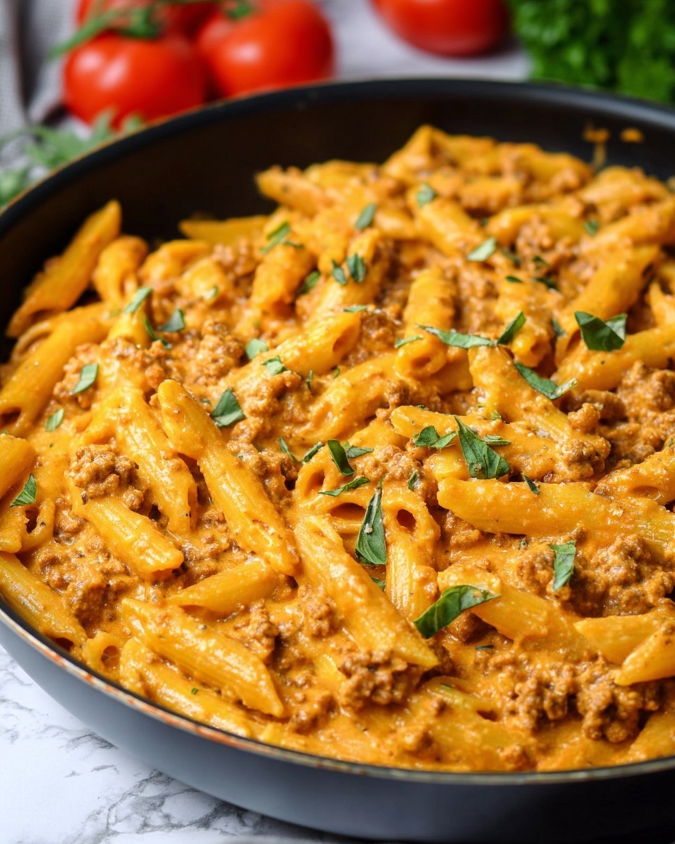 A close-up view of a large black pan filled with a creamy orange pasta dish consisting of penne pasta mixed with ground meat and a smooth sauce. The pasta and meat are well coated, giving a slightly chunky texture with bits of meat spread evenly throughout. Small green herb leaves are scattered on top, adding a fresh contrast to the warm colors. The pan is set on a white marbled surface with a soft focus background that includes blurred red tomatoes and green herbs. The overall look is warm, hearty, and inviting photo taken with an iphone --ar 4:5 --v 7