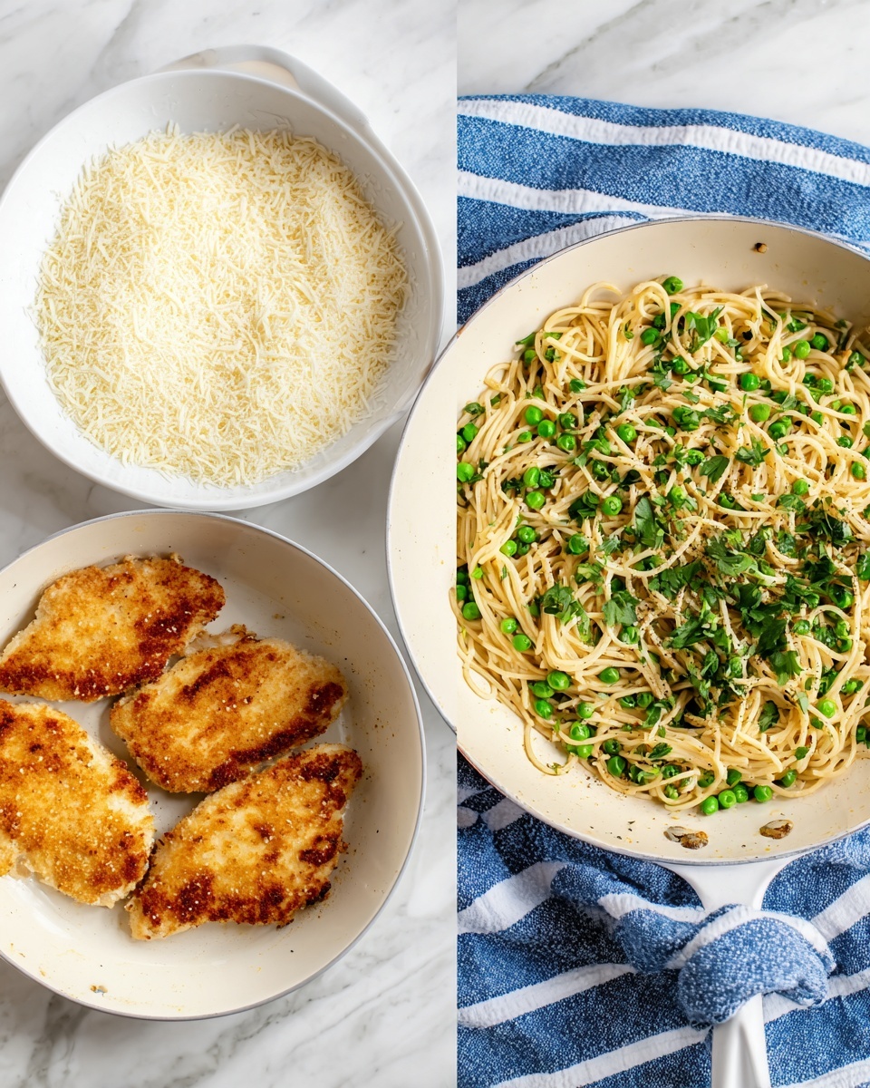 A white bowl holds a mix of white grated cheese and fine yellow seasoning, placed on a white marbled surface with a blue and white striped cloth beside it; next to it is a white frying pan with five golden brown cooked pieces of chicken evenly spread inside; beside that is the same white frying pan filled with creamy pasta, light golden noodles mixed with small bright green peas and sprinkled with fresh green herbs, all on the white marbled surface with the blue and white striped cloth partially visible. photo taken with an iphone --ar 4:5 --v 7