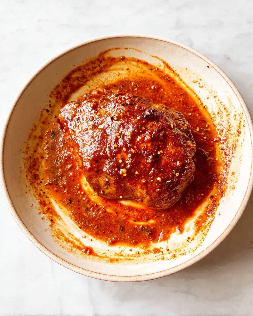 A single piece of meat covered with thick, reddish-brown sauce sits in the center of a round white plate. The sauce is spread unevenly around the meat, creating streaks and spots all over the plate. The meat has a glossy texture and is slightly shiny under the light, showing some small bits of spice or seasoning on its surface. The plate is placed on a light white marbled surface, which contrasts softly with the rich colors of the sauce and meat. photo taken with an iphone --ar 4:5 --v 7