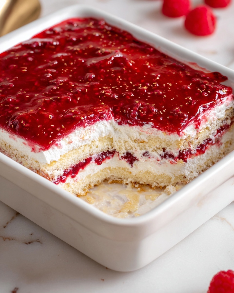 Raspberry Tiramisu Recipe 5 The image shows a white rectangular dish with a multi-layered dessert inside. The bottom layer is a light-colored cake soaked with a clear syrup, followed by a thick white creamy layer. Above that is a thin red fruit jam layer, then another layer of light cake, topped with another white creamy layer. The top layer is a shiny, red fruit topping with visible seeds, covering the entire surface. The dish is placed on a white marbled surface, with a few red raspberries blurred in the background. Photo taken with an iphone --ar 4:5 --v 7