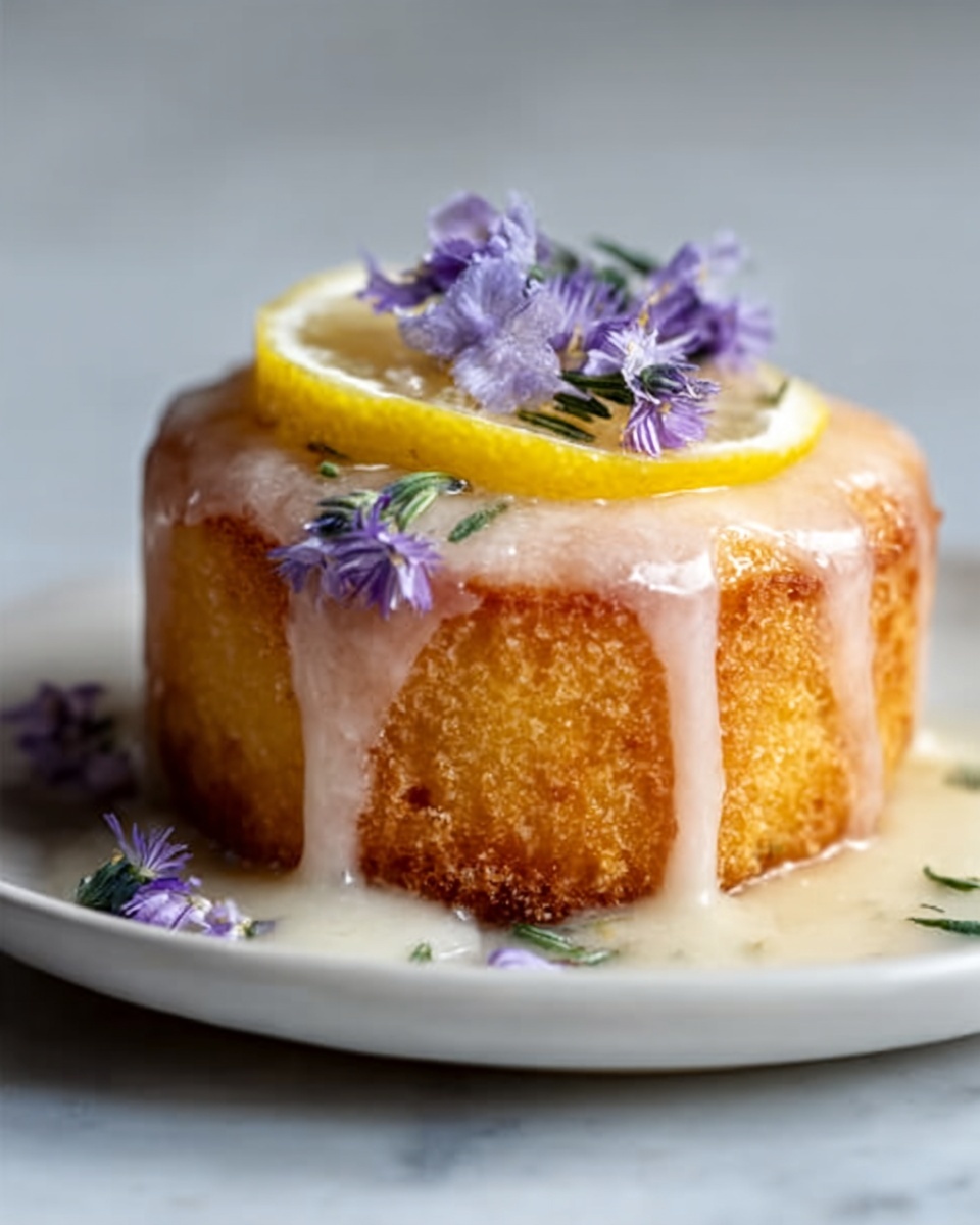 The image shows a small round cake on a white plate, placed on a white marbled surface. The cake has a golden brown color with a smooth texture and is topped with a layer of pale icing that slowly drips down the sides. On top of the cake, there is a thin slice of yellow lemon and several small purple flowers resting delicately. The overall look is fresh and elegant, with the icing glaze shining softly in the light. photo taken with an iphone --ar 4:5 --v 7