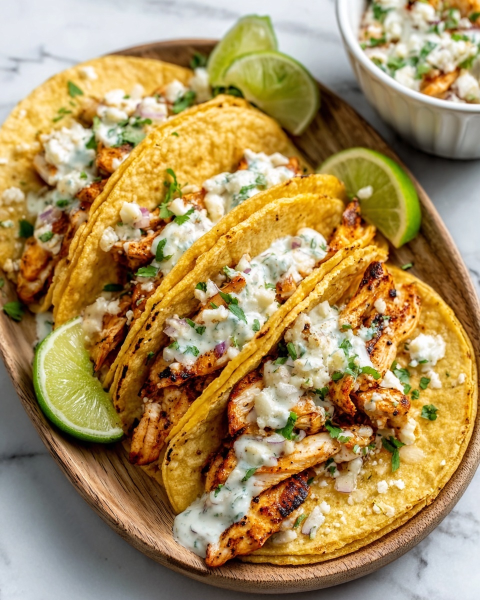 The image shows three tacos on a white oval plate. Each taco has a golden yellow soft tortilla folded over grilled chicken pieces that are brown with some char marks. On top of the chicken is a creamy white sauce with green herbs and small bits of red and white, likely chopped onions or cheese. Lime wedges are placed around the tacos on the plate for garnish. The plate is set on a white marbled surface, and part of a white bowl with a similar topping is visible in the top right corner of the image. Photo taken with an iphone --ar 4:5 --v 7