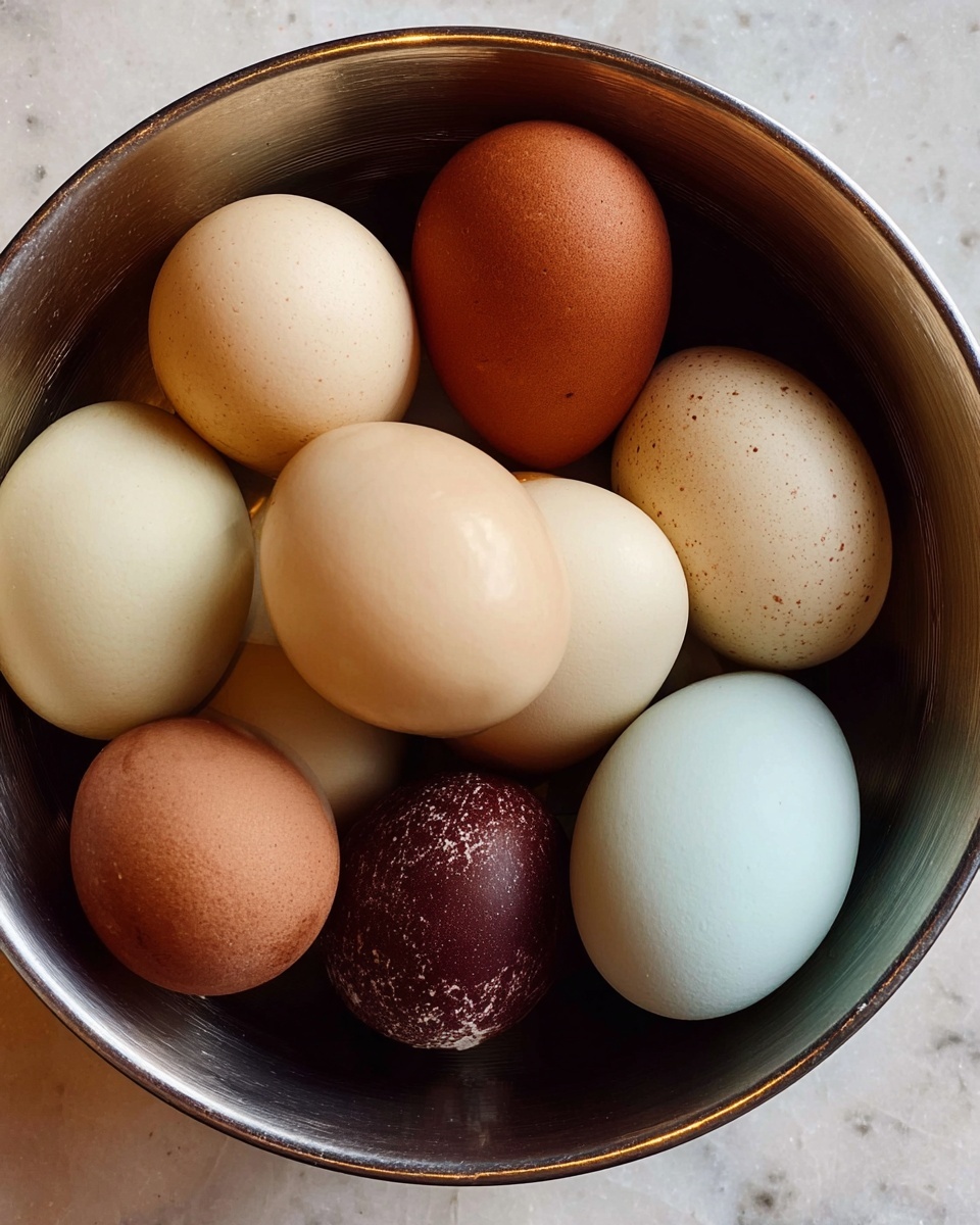 A round metal bowl filled with a mix of ten eggs of different colors arranged closely together. The eggs vary in shades of pale cream, light brown, dark brown, and pale blue, with a smooth texture and some small specks on their shells. The eggs are stacked in one layer, filling the bowl almost to the top. The bowl sits on a white marbled surface that softly reflects light. Photo taken with an iphone --ar 4:5 --v 7