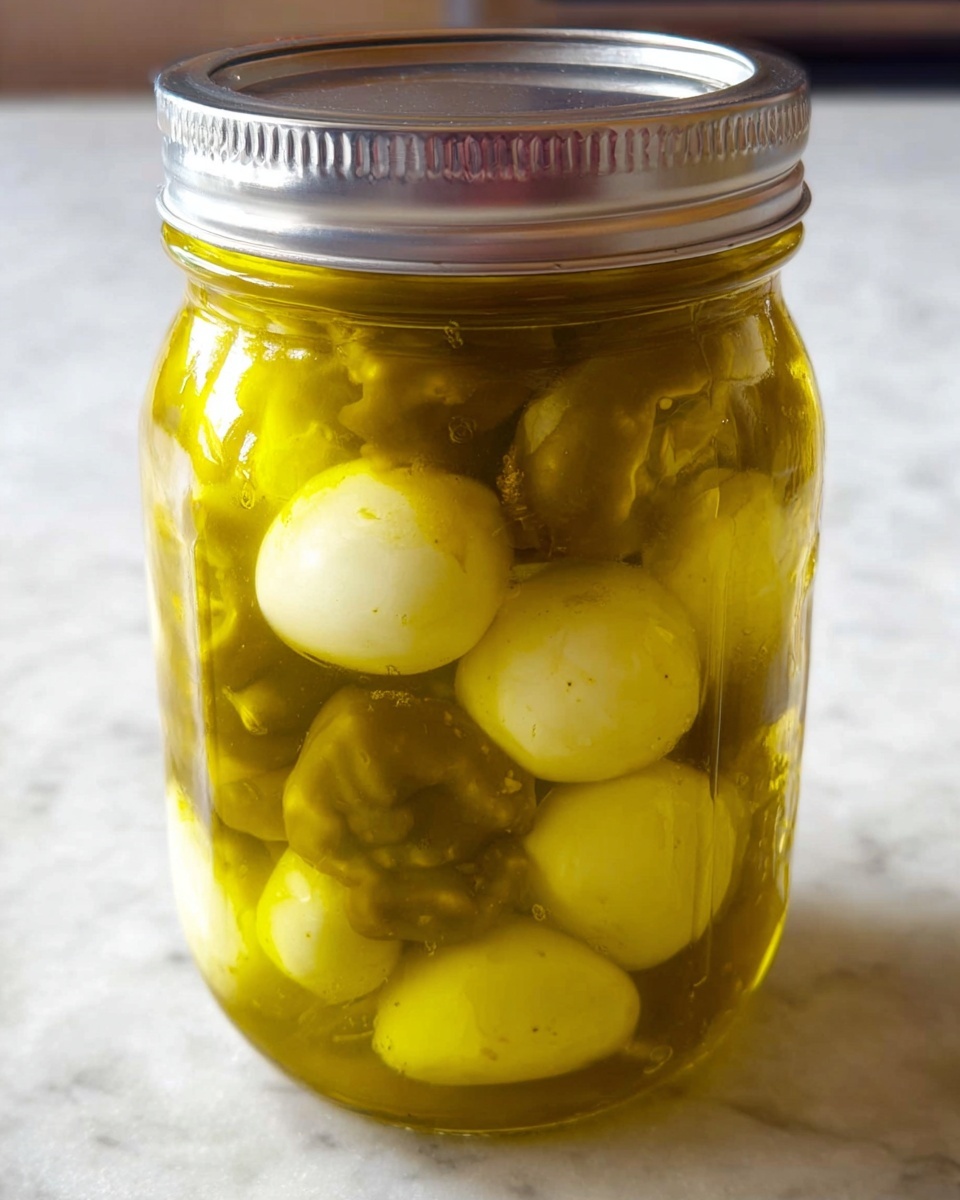 A clear glass jar with a silver metal lid is filled with a yellow-green liquid and contains whole yellow-green peppers and white eggs submerged inside. The peppers are irregular in shape with a slightly wrinkled texture, and they float among the smooth, oval-shaped eggs, all packed closely together. The liquid has a slightly oily shine, giving the entire jar a translucent look. The jar is set on a white marbled surface, with natural lighting highlighting the colors and textures clearly. Photo taken with an iphone --ar 4:5 --v 7