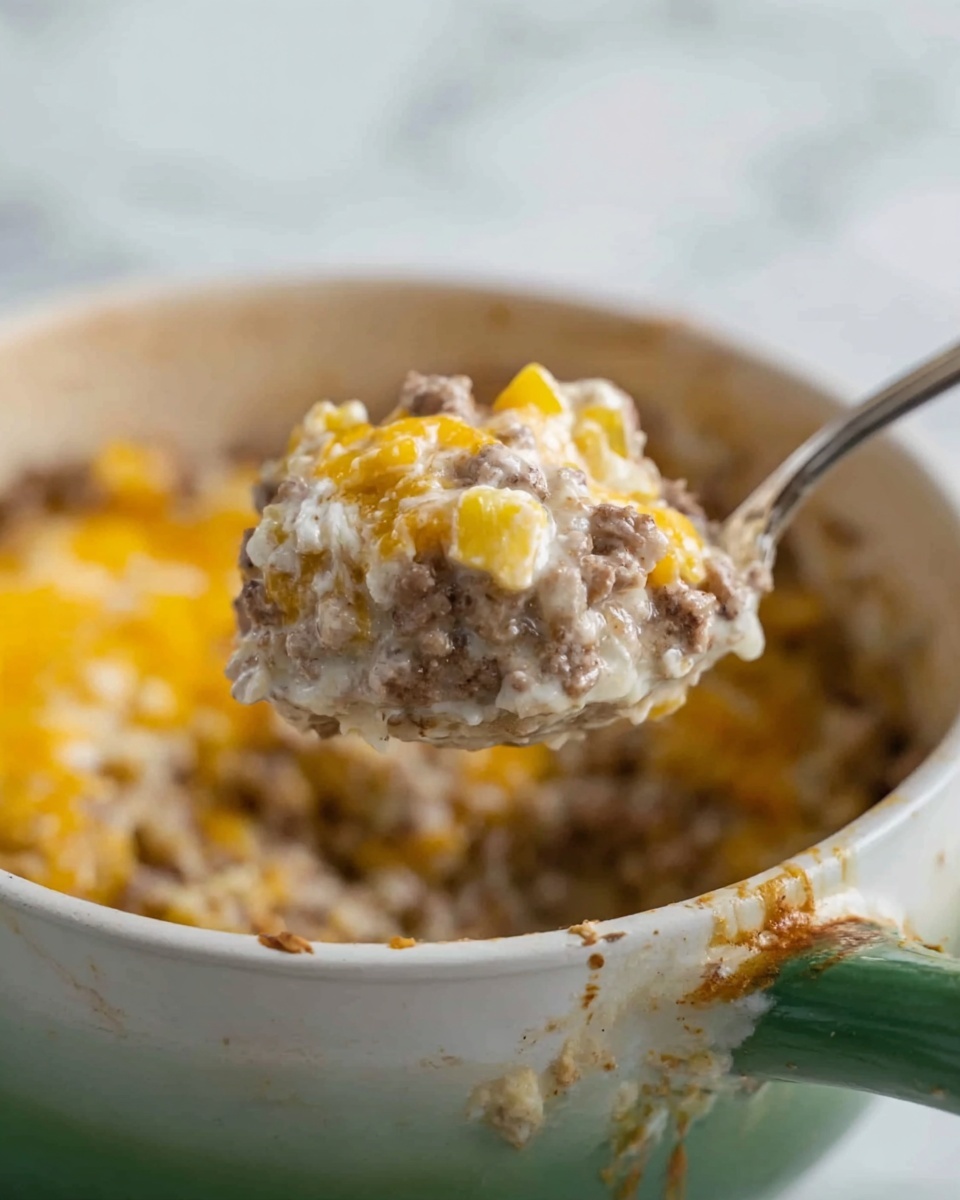 A close-up view of a spoon lifting a creamy, mixed dish from a large white bowl with a green handle. The dish has multiple layers visible in the spoon: a base layer of finely ground meat with a brownish-gray color, topped by a scattered layer of creamy white sauce, and finished with melted yellow cheese on top, giving a soft, moist texture. The white bowl shows slight smears of the sauce on the inside edges, and the background is a white marbled surface. Photo taken with an iphone --ar 4:5 --v 7
