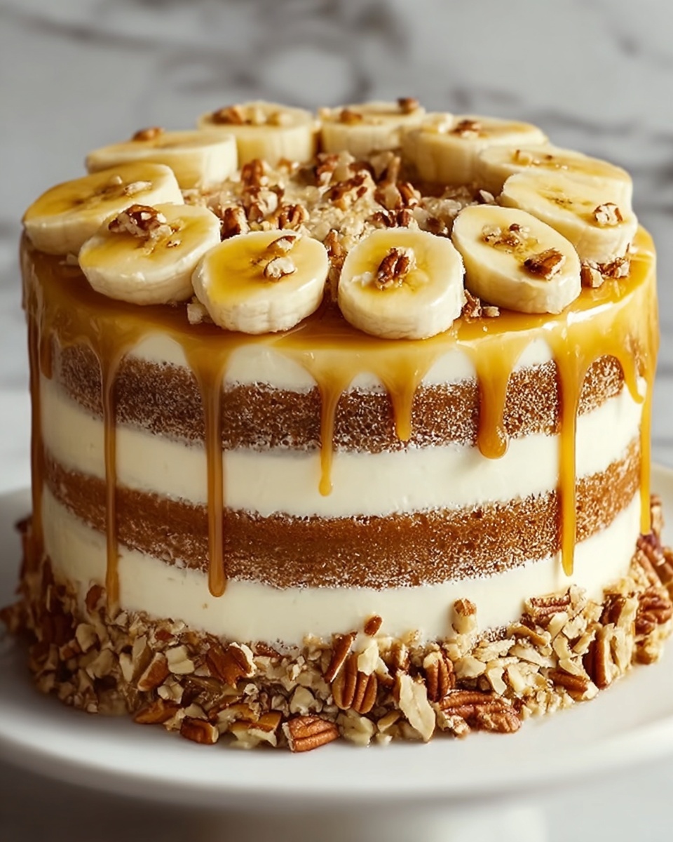 A tall, five-layer cake with light brown sponge and creamy white frosting between each layer. The outside is smooth with the same white frosting fully covering the cake. On top, there are round banana slices arranged around edges, drizzled with a shiny caramel sauce and topped with uneven pieces of pecans. The bottom edge of the cake is lined with more pecan pieces, and the cake sits on a white plate placed on a white marbled surface. photo taken with an iphone --ar 4:5 --v 7