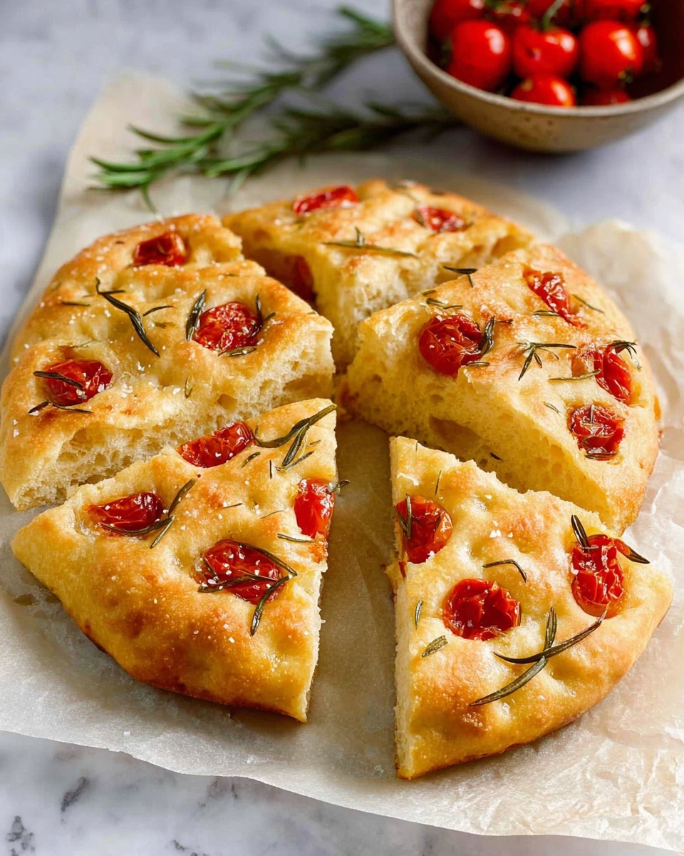 A round, focaccia bread is divided into four triangular pieces, placed on a sheet of crumpled parchment paper. The bread is golden brown and puffy, with a soft texture visible on the edges. Each piece is topped with small, bright red cherry tomato halves and scattered green rosemary sprigs. The bread surface has a slight shine, with uneven bubbles and some salt crystals visible. The setup is on a white marbled surface, with a bowl of shiny, red cherry tomatoes and green rosemary sprigs slightly out of focus in the background. photo taken with an iphone --ar 4:5 --v 7
