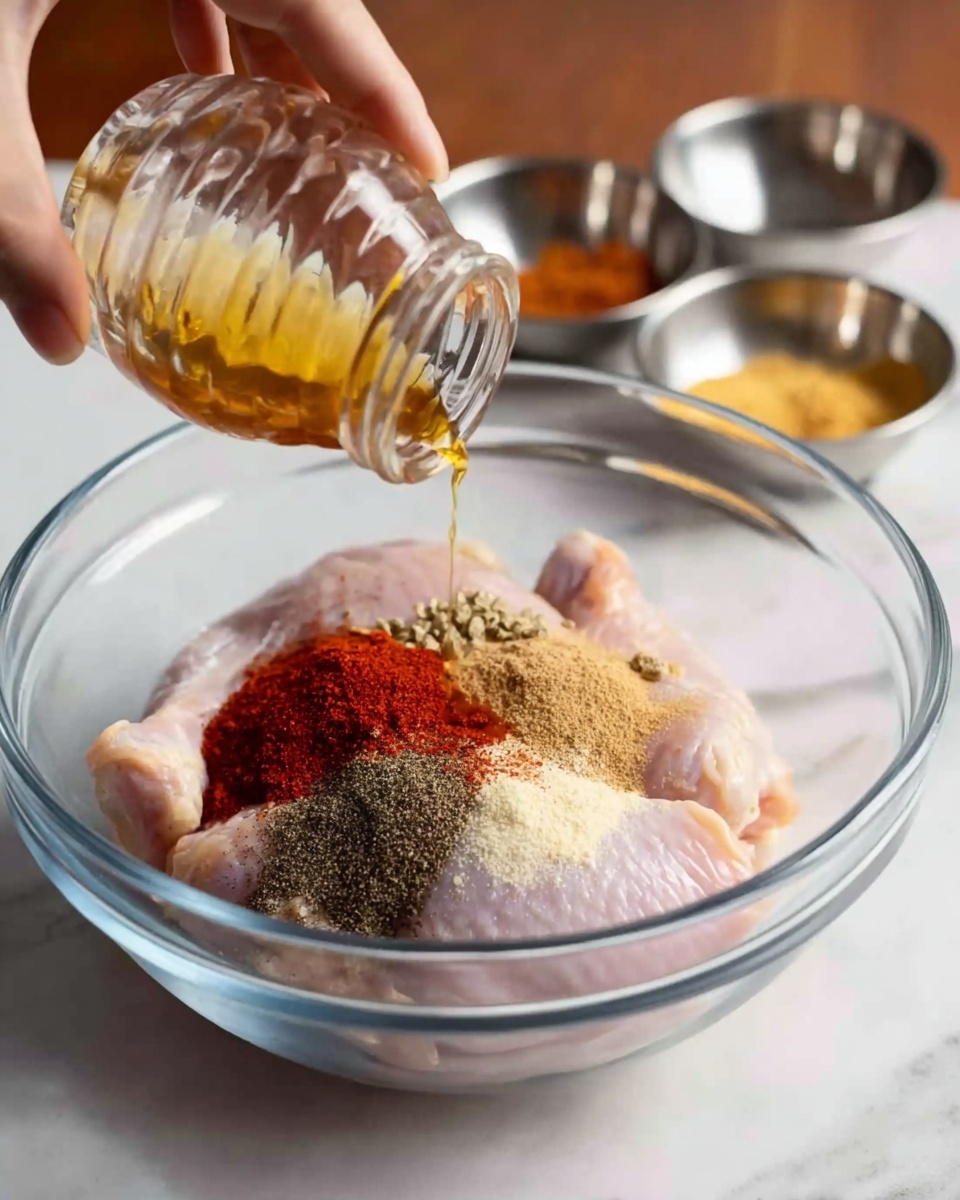 A clear bowl sits on a white marbled surface, holding two raw chicken pieces with pale pink skin. On top of the chicken, there are four spice piles: blackish powder, bright red powder, light brown powder, and off-white powder, each forming a small mound. A woman's hand is pouring a golden-brown liquid from a small clear glass container directly onto the spices and chicken. In the background, three small stainless steel bowls hold different colored ingredients, blurred but visible. Photo taken with an iphone --ar 4:5 --v 7