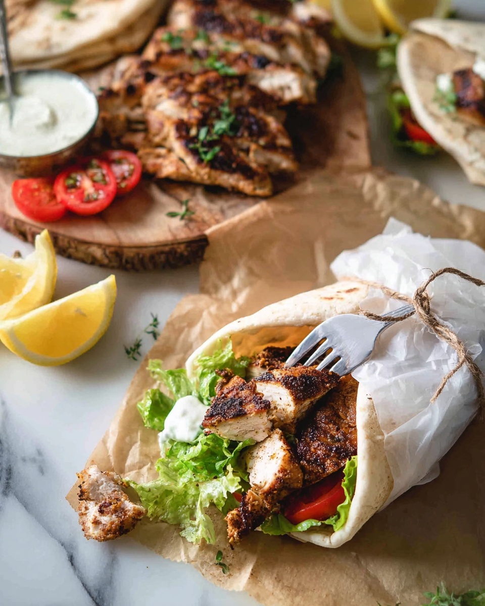 The image shows a white cutting board on a white marbled surface with grilled chicken pieces scattered on it, garnished with chopped green herbs. To the left of the chicken are bright red sliced tomatoes and some chopped green lettuce. Below the cutting board, there are three lemon wedges with bright yellow skin. On the bottom right, a white pita wrap lies partially open, filled with layered grilled chicken strips that have a dark brown char, fresh green lettuce, tomato slices, and white sauce. The wrap is wrapped in white paper tied with a string, resting on brown parchment paper. There is also a small clear container of white sauce in the bottom left corner. A woman's hand is holding a metal fork that is lifting one piece of the grilled chicken from the board. The whole scene is set on a white marbled table. photo taken with an iphone --ar 4:5 --v 7