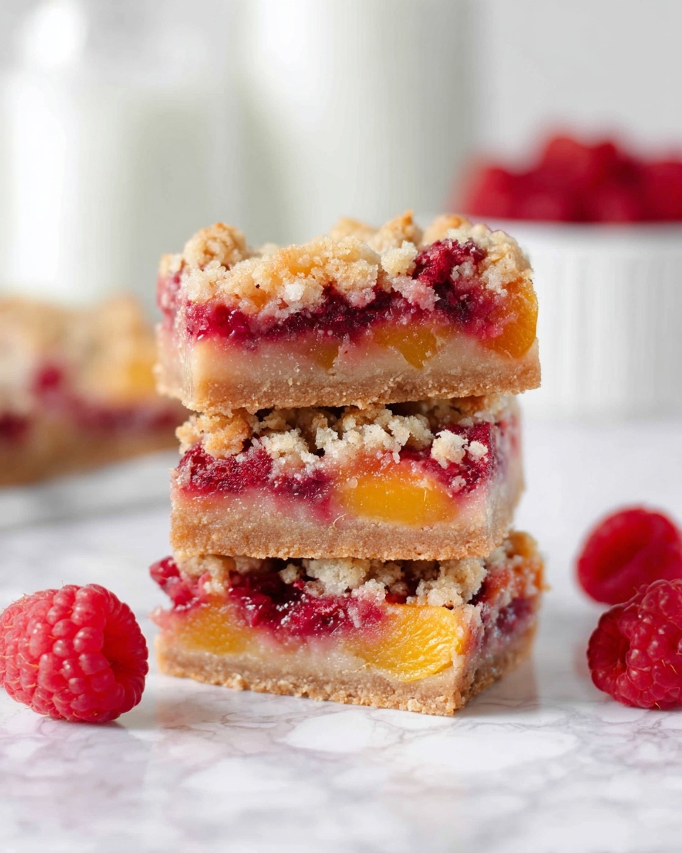 The image shows three stacked fruit bars on a white marbled surface, each bar having three layers. The bottom layer is a light brown, crumbly crust. The middle layer is a soft, translucent fruit filling with mixed red raspberries and orange chunks. The top layer is a crumbly topping with bits of fruit mixed in, showing a mix of red and orange colors with a slightly golden texture. Fresh raspberries are scattered around the bars, and the background is softly blurred with white containers. Photo taken with an iphone --ar 4:5 --v 7