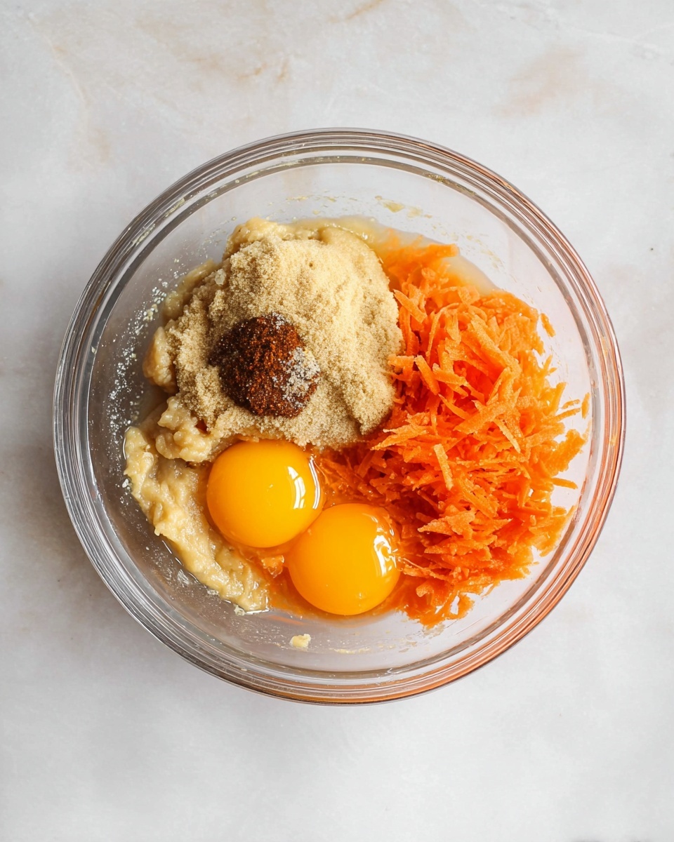 A clear glass bowl sits on a white marbled surface, holding four separate layers of ingredients. On the left side, there is a pale, smooth, and slightly chunky beige layer. Next to it is a mound of light brown sugar with a small area of dark brown spice on top. To the right of that is a pile of bright orange shredded carrots with two raw egg yolks nestled closely beside them, vibrant and glossy. The overall arrangement keeps each ingredient distinct before mixing. photo taken with an iphone --ar 4:5 --v 7