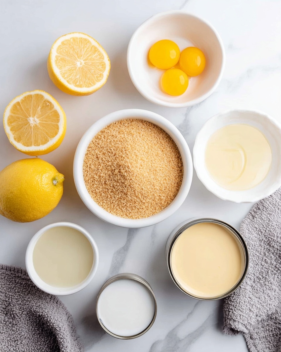 The image shows several small white bowls and cups arranged on a white marbled surface. In the center, there is a white bowl filled with light brown ground crumbs. Above it, a small white bowl holds three bright yellow egg yolks. To the left, two halves of squeezed yellow lemons rest on the surface. Below the lemon halves, there is a white bowl with a clear pale yellow liquid. Near the bottom, two small open cans filled with creamy white condensed milk sit side by side. Another small white bowl with a yellowish creamy texture is visible on the right side. A textured gray cloth is partially seen on the lower right edge. Photo taken with an iphone --ar 4:5 --v 7