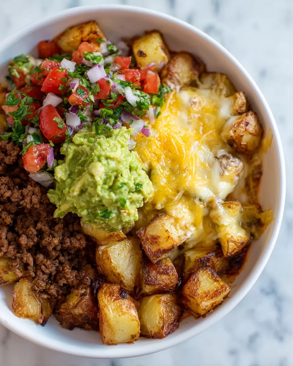 A white bowl filled with three layers of food: the bottom layer is golden-brown roasted potato cubes, the middle layer has browned ground meat mixed with melted yellow and white cheese, and the top layer is a colorful mix of chopped red tomatoes, green herbs, and white onions, along with a scoop of bright green guacamole. The food looks fresh and hearty, placed on a white marbled surface. Photo taken with an iphone --ar 4:5 --v 7