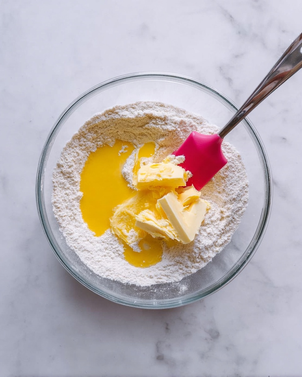 A clear glass bowl sits on a white marbled surface, filled with flour around the edges creating a white powdery ring. Inside the flour, there is a puddle of bright yellow melted butter and a few solid slices of butter resting on top. A pink spatula is placed on the right side of the bowl, touching the flour, and a silver spoon is on the left side, slightly submerged in the flour near the melted butter. The overall scene is bright and clean. photo taken with an iphone --ar 4:5 --v 7