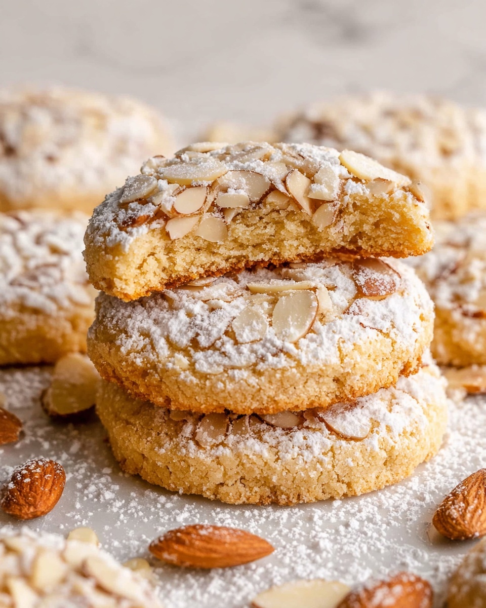 A stack of three golden brown almond cookies sit in the center, with the middle cookie broken to show a soft, crumbly inside filled with slivered almonds. Around the stack, several whole round almond cookies dusted with powdered sugar are spread out on a white marbled surface. The tops of the cookies have scattered slivered almonds and a light dusting of powdered sugar giving a delicate, textured look. Loose almond slices are scattered near the cookies, adding more texture and a soft cream color. Photo taken with an iphone --ar 4:5 --v 7