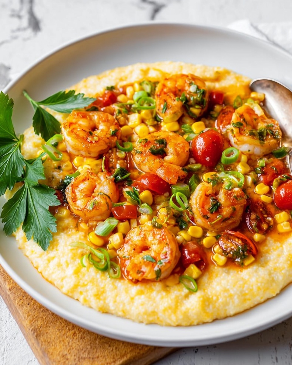 The dish is served on a white round plate with creamy yellow grits as the bottom layer, showing a soft and slightly textured appearance. On top, there are several orange-brown cooked shrimp scattered, surrounded by bright yellow corn kernels and halved red cherry tomatoes. Green chopped herbs and thin green onion slices are sprinkled evenly over the shrimp and vegetables, adding fresh color. A few fresh green parsley leaves are placed on the left side for garnish. The plate is on a white marbled surface, with a silver spoon resting on the left edge of the plate. photo taken with an iphone --ar 4:5 --v 7