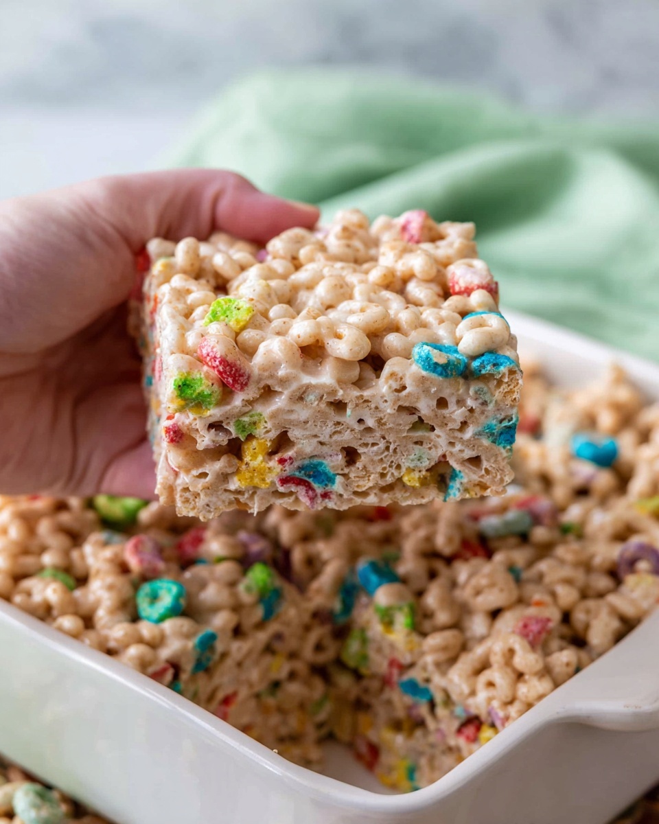 A close-up view of a thick square cereal treat being held by a woman's hand, showing a dense mix of beige puffed cereal pieces with bright colored bits like blue, red, green, and yellow mixed inside. The treat appears sticky with a light, shiny coating binding the cereal together. It is lifted above a white baking dish filled with more of the same cereal treat, chunky and uneven in texture. The surface beneath is a white marbled texture with a soft green cloth blurred in the background. Photo taken with an iphone --ar 4:5 --v 7