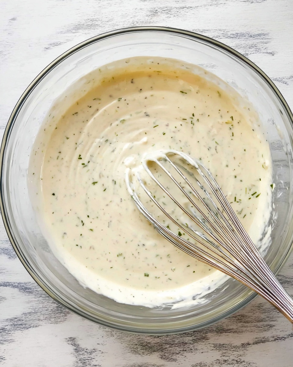 A clear glass bowl filled with a creamy white sauce that has small green herb flecks mixed in, giving it a speckled texture. A metal whisk rests on the right side, partially dipped in the sauce, showing smooth swirls and a slightly thick consistency with some air bubbles. The bowl sits on a white marbled surface, and the sauce's texture looks soft and well-blended with tiny bits of herbs spread evenly throughout. photo taken with an iphone --ar 4:5 --v 7