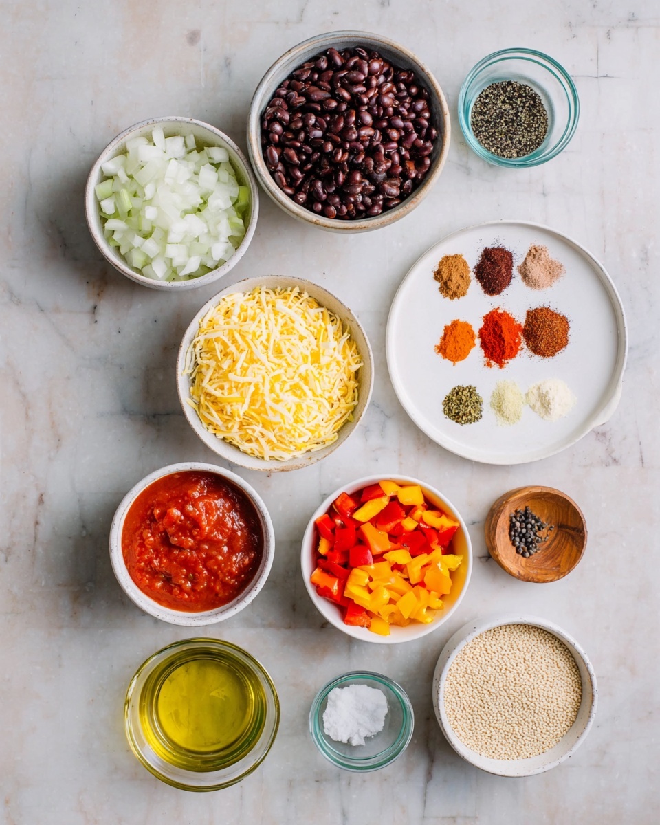 The image shows eleven small white bowls arranged on a white marbled surface, each filled with different ingredients for cooking. At the top center is a bowl filled with dark brown beans, below it to the left is a bowl of white chopped onions, and to the right is a white plate with five colorful spices arranged in small piles: dark orange, red, brown, and two light beige powders. Below the onions is a white bowl with light yellow shredded cheese. To the right of the cheese is a bowl filled with chopped yellow and red bell peppers. Small white bowls with black pepper, minced garlic, and a clear glass bowl with golden oil lie nearby. At the left bottom corner is a white bowl of red tomato sauce, and to its right is a bowl with small beige grains. Lastly, a small wooden bowl with coarse white salt and a tiny wooden spoon completes the setup, all neatly spaced and photographed from above. photo taken with an iphone --ar 4:5 --v 7