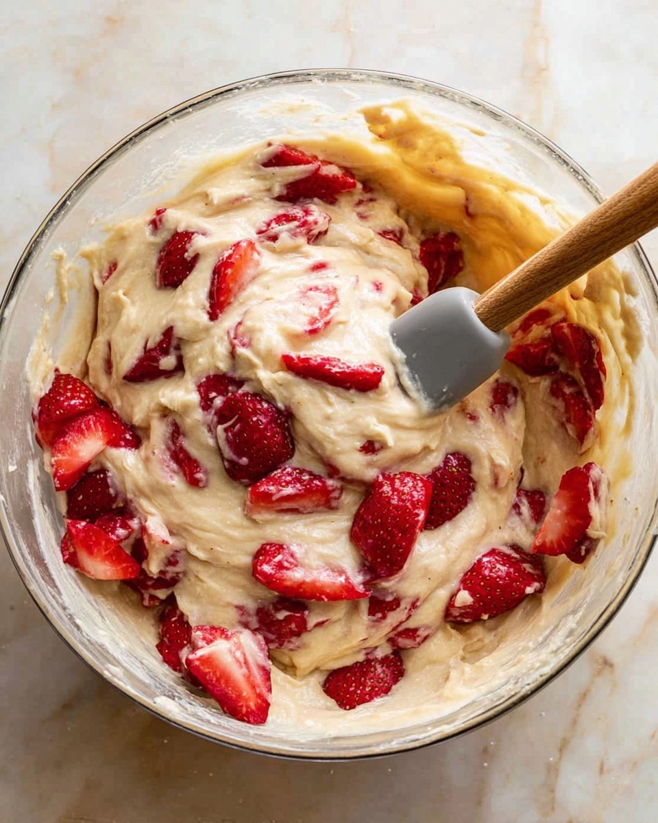 A clear glass mixing bowl sits on a white marbled surface, filled with a thick, creamy beige batter that has a smooth texture. Scattered within the batter are bright red strawberry pieces, some whole and some sliced, adding a fresh contrast with their glossy skins and juicy interiors. A wooden-handled spatula with a gray silicone head is partially dipped into the batter, showing the creamy mixture wrapped around it. The overall look is rich and inviting, highlighting the fresh strawberries mixed gently throughout the dough photo taken with an iphone --ar 4:5 --v 7