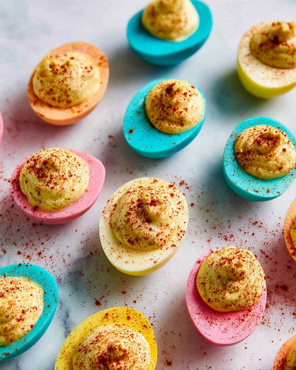 Several deviled eggs sit on a white marbled surface. Each egg is brightly colored in pastel shades of blue, pink, yellow, and orange, forming the outer shell layer. Inside, a smooth, pale yellow filling forms a rounded dollop in the center of each egg half. The filling is sprinkled with a reddish spice, adding texture and color contrast over the top. The eggs are scattered across the surface with even spacing, showing off the vibrant colors and creamy centers clearly. photo taken with an iphone --ar 4:5 --v 7