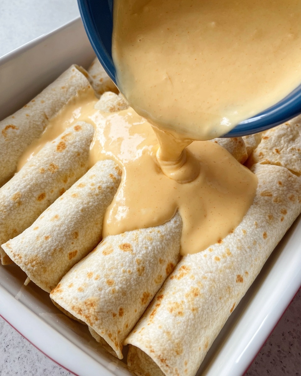 The image shows a white rectangular dish filled with rolled tortillas arranged closely in a single layer. A thick, creamy, light beige sauce is being poured over the tortillas from above, covering them evenly. The tortillas have a soft, slightly textured surface with small light spots. The background has a white marbled texture visible at the edges of the dish. The scene focuses closely on the pouring action, with the woman's hand holding the container partly visible. photo taken with an iphone --ar 4:5 --v 7