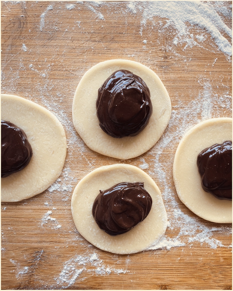The image shows four round dough circles arranged on a wooden surface with some flour scattered around. Each circle is light beige in color and smooth in texture. On top of each circle, there is a dollop of thick, dark, shiny chocolate filling placed in the center. The wooden surface is light brown with visible grain and texture. photo taken with an iphone --ar 4:5 --v 7