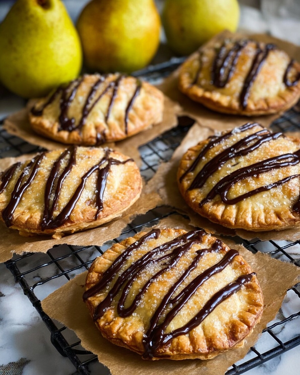 The image shows five small round hand pies with a golden-brown crust that looks crisp and slightly textured with sugar crystals on top. Each pie is decorated with three dark chocolate drizzle lines across the top. The pies are placed on a black metal cooling rack lined with brown parchment paper. In the background, there are two whole yellow pears with slight green spots. The setting is on a white marbled surface. photo taken with an iphone --ar 4:5 --v 7