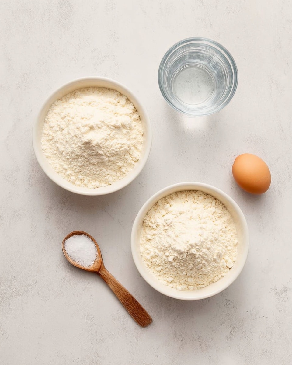 Two white bowls filled with light-colored flour are placed on a white marbled surface. One bowl is positioned at the top left, while the other is near the bottom right. Above the lower bowl, there is a clear glass of water showing some reflections. To the right of the glass, there is a single brown egg. Below the upper bowl, a small wooden spoon holds a white coarse substance, likely salt. The items are spaced evenly and arranged neatly. photo taken with an iphone --ar 4:5 --v 7