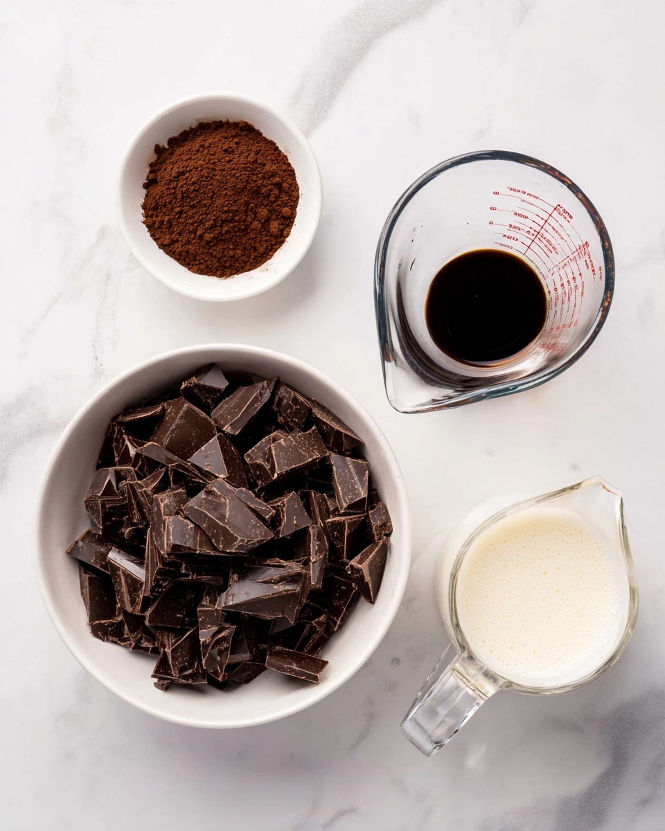 The image shows four containers with ingredients on a white marbled surface. In the center, there is a white bowl filled with dark chocolate pieces, roughly broken into medium-sized chunks. To the left of this bowl, there is a small white bowl containing a dark brown powder, likely cocoa powder. Above this bowl, a small glass container holds a dark liquid, possibly vanilla extract, with smooth glass edges and a slight shine. On the right side of the chocolate bowl, there is a clear measuring jug filled with a light cream-colored liquid, likely milk or cream, showing some froth on top. The arrangement is neat and evenly spaced, all on a bright white marbled background. Photo taken with an iphone --ar 4:5 --v 7