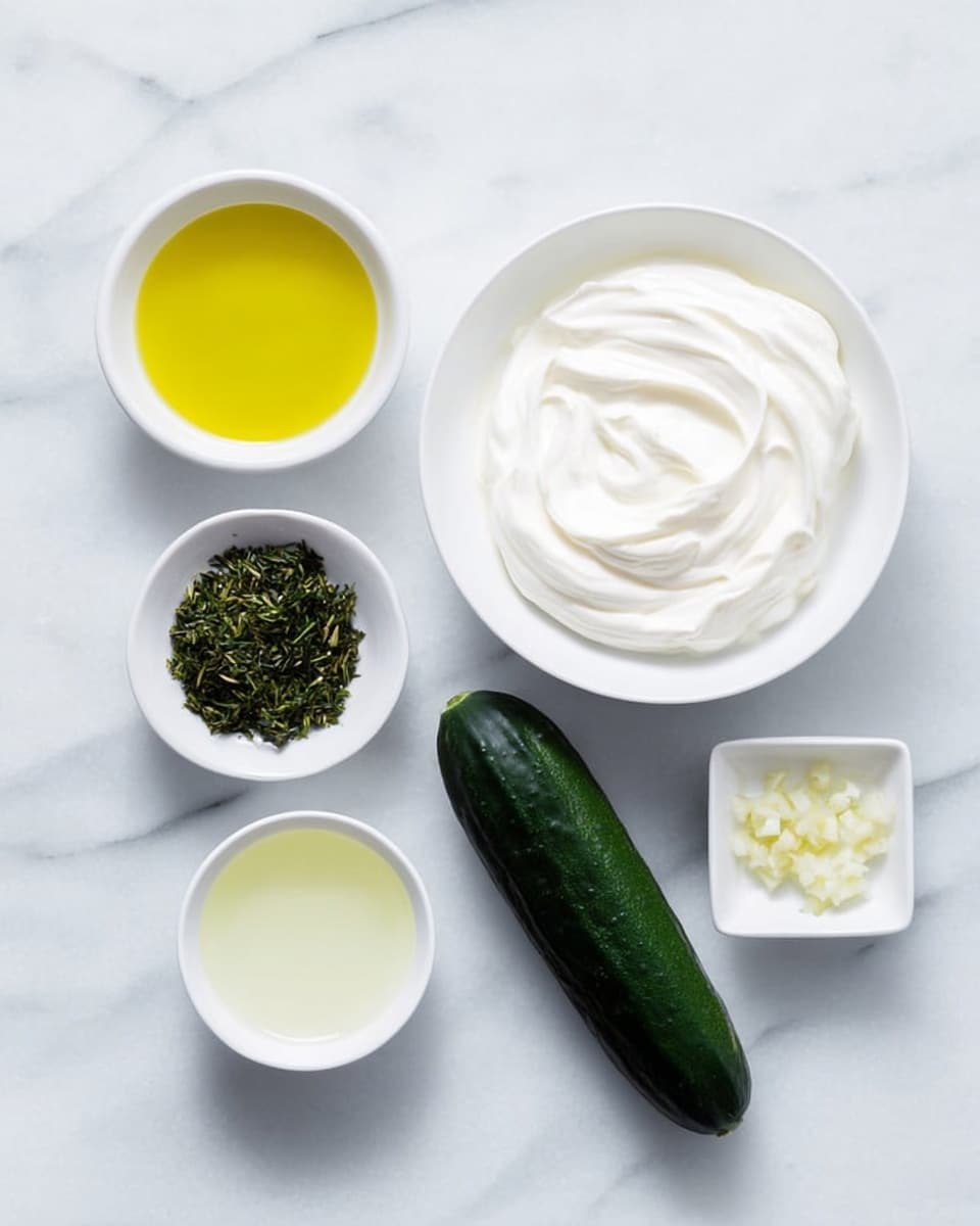 The image shows five white dishes arranged on a white marbled surface. In the center is a half cucumber, dark green and textured. Above it, slightly to the right, is a large white bowl filled with creamy white yogurt, showing smooth swirling patterns. To the left of the cucumber is a small white bowl with bright yellow olive oil. Above that, a small white square dish contains finely minced garlic. To the right of the cucumber and below the yogurt, there is a small white square bowl of pale lemon juice. Near the center top of the image is a small white bowl filled with finely chopped dark green herbs. Photo taken with an iphone --ar 4:5 --v 7