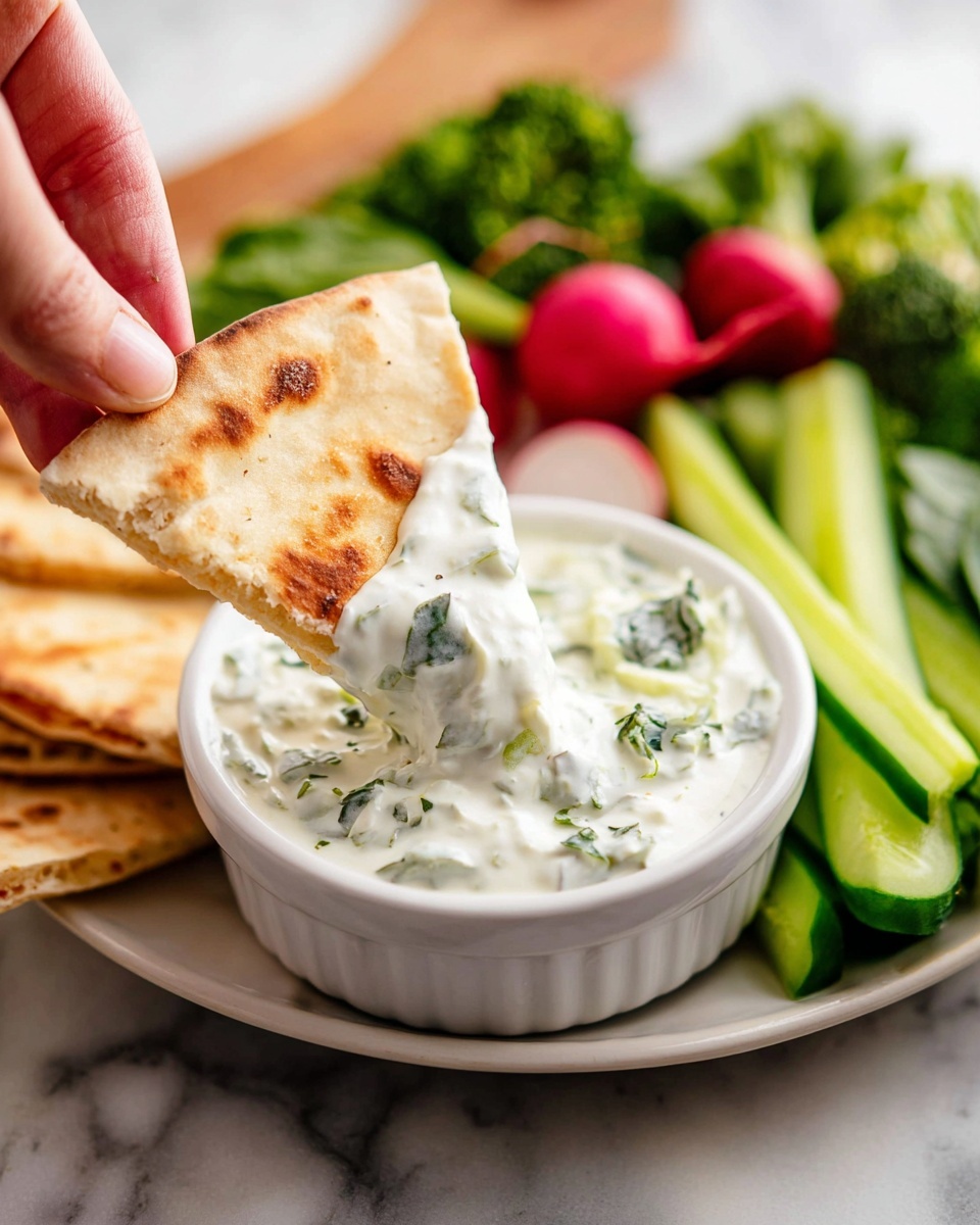 A close-up shows a woman's hand holding a triangular piece of pita bread with a thick white and green creamy dip on its tip. The bread is light brown and soft with a slightly toasted look. The pita is dipped into a small white bowl filled with the same creamy dip that has visible green herb pieces mixed inside. Behind the bowl, a white plate is filled with long green cucumber sticks, bright red radishes with green leaves, and fresh green broccoli florets, all placed on a white marbled surface. Photo taken with an iphone --ar 4:5 --v 7