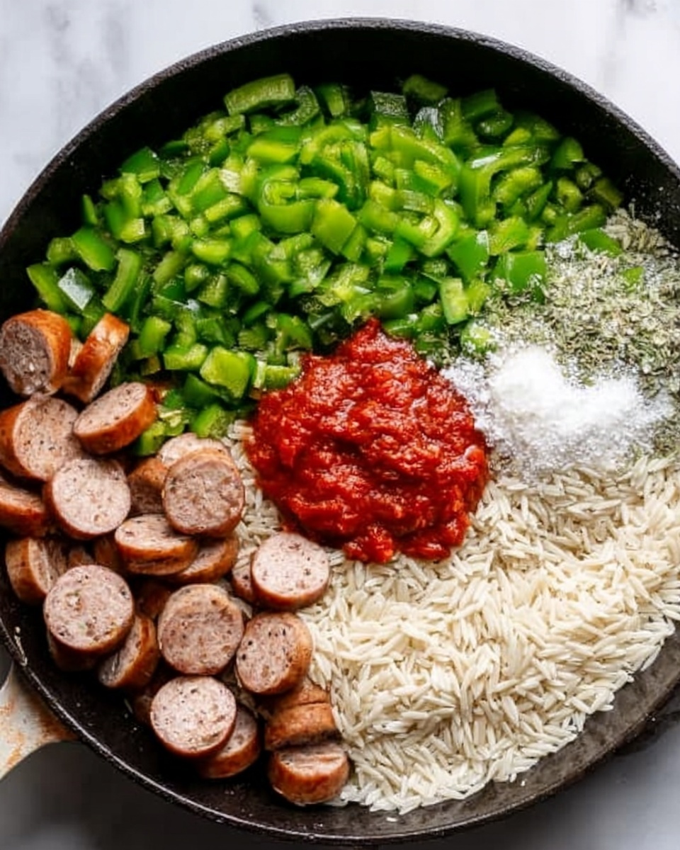 A top view of a black pan containing four main sections of ingredients, each clearly separated. One section shows light brown sliced sausage with a slightly rough texture, placed near a pile of shiny green chopped bell peppers. A small dollop of bright red tomato paste sits in the center, surrounded by white grains of uncooked rice on one side and a sprinkle of white salt on the sliced sausage. The pan rests on a white marbled surface with soft lighting highlighting the colors and textures. Photo taken with an iphone --ar 4:5 --v 7