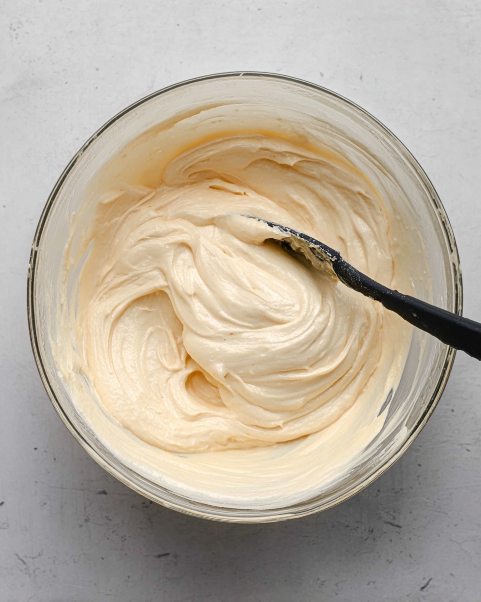 A glass bowl filled with a smooth, creamy batter that is light beige in color, showing soft folds and swirls on the surface. A black spatula with a bit of batter clinging to it rests inside the bowl, partially submerged on the right side. The bowl sits on a white marbled surface, highlighting the creamy texture and pale color of the batter. photo taken with an iphone --ar 4:5 --v 7