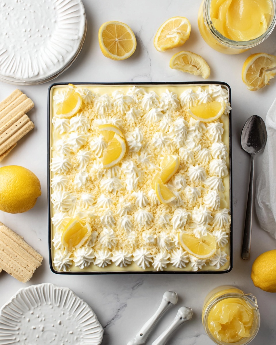A square dessert pan filled with a creamy, pale yellow lemon dessert topped with many small, soft swirls of white whipped cream. The whipped cream covers the entire surface evenly with some small crumbles sprinkled on top. Small lemon wedge slices, bright yellow with a slightly translucent look, are placed scattered over the whipped cream layer. Around the pan on a white marbled surface, there are slices and wedges of fresh lemon, a clear glass filled with ladyfinger biscuits, two white plates with ridged edges, a jar of bright yellow lemon curd with a spoon inside, and a set of round white textured measuring spoons. Photo taken with an iphone --ar 4:5 --v 7